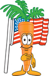 Clip Art Graphic of an Organic Veggie Carrot Mascot Character Standing in Front of an American Flag With One Hand on His Heart