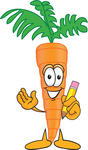 Clip Art Graphic of an Organic Veggie Carrot Mascot Character Holding a Pencil