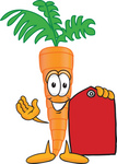 Clip Art Graphic of an Organic Veggie Carrot Mascot Character Holding a Red Price Tag