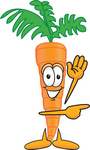 Clip Art Graphic of an Organic Veggie Carrot Mascot Character Waving and Pointing to the Right