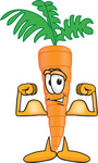 Clip Art Graphic of an Organic Veggie Carrot Mascot Character Showing Off His Strength While Flexing His Strong Bicep Arm Muscles