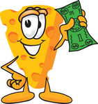 Clip Art Graphic of a Swiss Cheese Wedge Mascot Character Holding a Green Dollar Bill