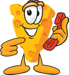 Clip Art Graphic of a Swiss Cheese Wedge Mascot Character Holding and Pointing to a Red Phone