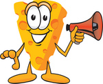 Clip Art Graphic of a Swiss Cheese Wedge Mascot Character Holding a Red Megaphone Bullhorn