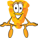 Clip Art Graphic of a Swiss Cheese Wedge Mascot Character Sitting