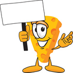Clip Art Graphic of a Swiss Cheese Wedge Mascot Character Waving a Blank White Advertisement Sign