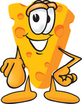 Clip Art Graphic of a Swiss Cheese Wedge Mascot Character Pointing Outwards at the Viewer