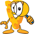 Clip Art Graphic of a Swiss Cheese Wedge Mascot Character Looking Through a Magnifying Glass