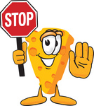 Clip Art Graphic of a Swiss Cheese Wedge Mascot Character Holding a Stop Sign