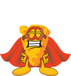 Clip Art Graphic of a Swiss Cheese Wedge Mascot Character in a Super Hero Cape and Mask
