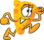 Clip Art Graphic of a Swiss Cheese Wedge Mascot Character Running Fast