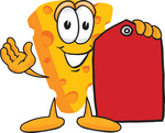 Clip Art Graphic of a Swiss Cheese Wedge Mascot Character Holding a Blank Red Sales Price Tag