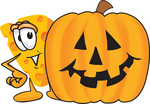 Clip Art Graphic of a Swiss Cheese Wedge Mascot Character Standing Beside a Carved Halloween Pumpkin