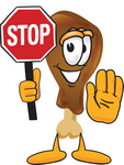 Clip Art Graphic of a Chicken Drumstick Mascot Character Holding a Stop Sign