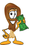 Clip Art Graphic of a Chicken Drumstick Mascot Character Holding a Dollar Bill