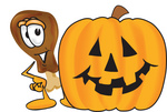 Clip Art Graphic of a Chicken Drumstick Mascot Character With a Carved Halloween Pumpkin