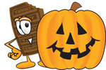 Clip Art Graphic of a Chocolate Candy Bar Mascot Character With a Carved Halloween Pumpkin