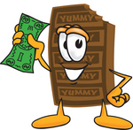 Clip Art Graphic of a Chocolate Candy Bar Mascot Character Holding a Dollar Bill