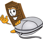 Clip Art Graphic of a Chocolate Candy Bar Mascot Character With a Computer Mouse