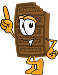 Clip Art Graphic of a Chocolate Candy Bar Mascot Character Pointing Upwards