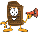 Clip Art Graphic of a Chocolate Candy Bar Mascot Character Holding a Megaphone