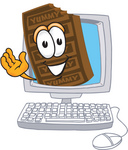 Clip Art Graphic of a Chocolate Candy Bar Mascot Character Waving From Inside a Computer Screen