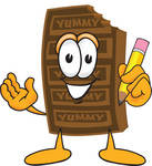 Clip Art Graphic of a Chocolate Candy Bar Mascot Character Holding a Pencil
