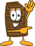 Clip Art Graphic of a Chocolate Candy Bar Mascot Character Waving and Pointing