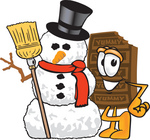 Clip Art Graphic of a Chocolate Candy Bar Mascot Character With a Snowman on Christmas