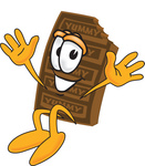 Clip Art Graphic of a Chocolate Candy Bar Mascot Character Jumping