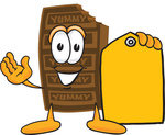 Clip Art Graphic of a Chocolate Candy Bar Mascot Character Holding a Yellow Sales Price Tag