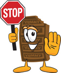 Clip Art Graphic of a Chocolate Candy Bar Mascot Character Holding a Stop Sign