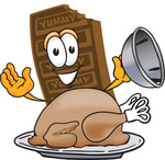 Clip Art Graphic of a Chocolate Candy Bar Mascot Character Serving a Thanksgiving Turkey on a Platter