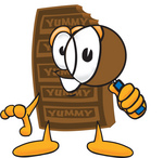 Clip Art Graphic of a Chocolate Candy Bar Mascot Character Looking Through a Magnifying Glass