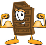 Clip Art Graphic of a Chocolate Candy Bar Mascot Character Flexing His Arm Muscles