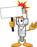 Clip Art Graphic of a Spark Plug Mascot Character Holding a Blank Sign