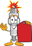 Clip Art Graphic of a Spark Plug Mascot Character Holding a Red Sales Price Tag