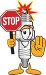 Clip Art Graphic of a Spark Plug Mascot Character Holding a Stop Sign
