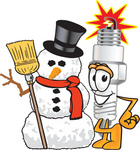 Clip Art Graphic of a Spark Plug Mascot Character With a Snowman on Christmas
