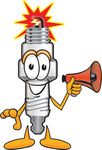 Clip Art Graphic of a Spark Plug Mascot Character Holding a Megaphone