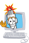 Clip Art Graphic of a Spark Plug Mascot Character Waving From Inside a Computer Screen