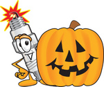 Clip Art Graphic of a Spark Plug Mascot Character With a Carved Halloween Pumpkin