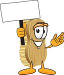 Clip Art Graphic of a Scrub Brush Mascot Character Waving a Blank White Advertising Sign