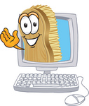 Clip Art Graphic of a Scrub Brush Mascot Character Waving From Inside a Computer Screen