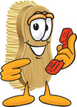 Clip Art Graphic of a Scrub Brush Mascot Character Holding and Pointing to a Red Phone