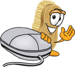 Clip Art Graphic of a Scrub Brush Mascot Character Waving and Standing by a Computer Mouse