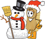 Clip Art Graphic of a Scrub Brush Mascot Character Wearing a Santa Hat and Standing With a Snowman