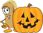 Clip Art Graphic of a Scrub Brush Mascot Character Standing by a Carved Halloween Pumpkin