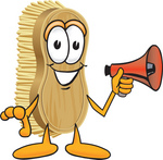 Clip Art Graphic of a Scrub Brush Mascot Character Holding a Red Megaphone Bullhorn