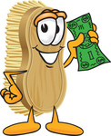 Clip Art Graphic of a Scrub Brush Mascot Character Waving Cash in the Air
